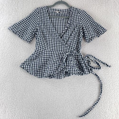 LOFT Petites Blue White Check Print Wrap Shirt Womens Short Sleeve Size PS