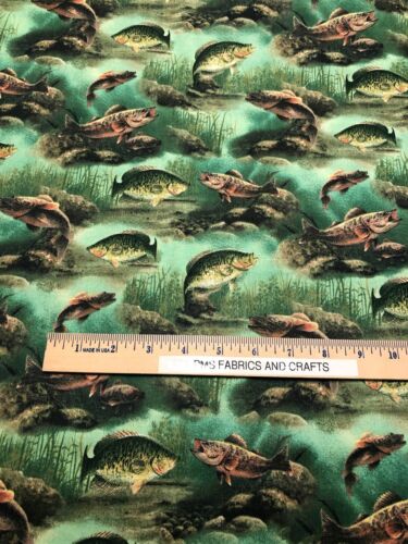 VIP Cranston reprint Bass Perch Fish 100% cotton fabric by the yard 36×44 greens