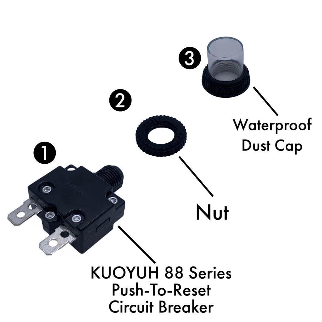 KUOYUH Circuit Breaker Thermal Overload 88 Series 16A Quick Connect Terminals 32VDC 125/250VAC 50/60Hz Push-to-Reset with Waterproof Transparent Dust Cover 2-Pack (16A)