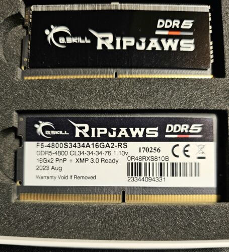 G.SKILL Ripjaws 32GB (2 x 16GB) 262-Pin DDR5 SO-DIMM DDR5 4800 CAS CL34 HEATSINK