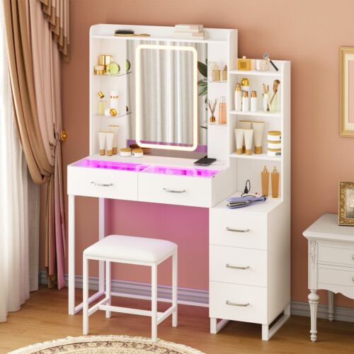 Glass Top Vanity Desk with RGB Drawers and Mirror, Power Outlet Safety Switch