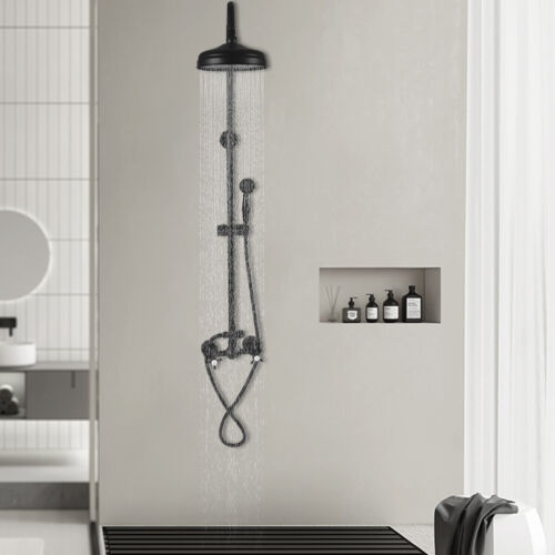 59″ Wall Mount Matte Black Shower Faucet Set Hand Shower Double Knobs Unit