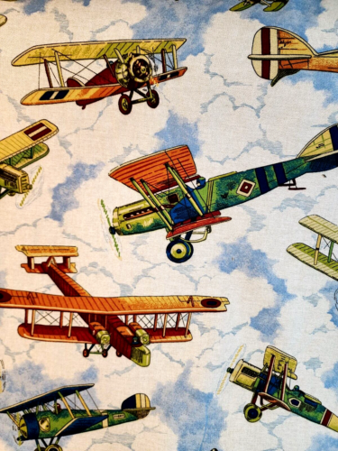 In Flight Decorative: Crayon Cotton Fabric Airplanes By-The-Yard Qty Discounts