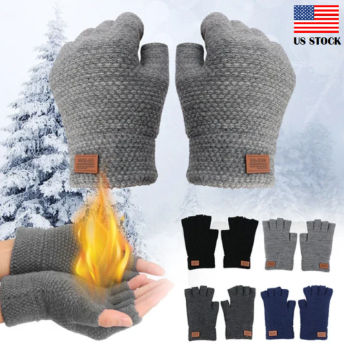 Winter Alpaca Wool Fingerless Gloves Thermal Men’s Knitted Half Finger Mitten US