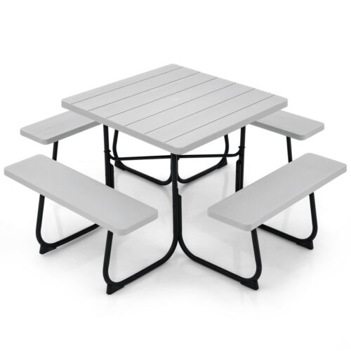 Outdoor 8-person Square Picnic Table Bench Set w/4 Benches & Umbrella Hole