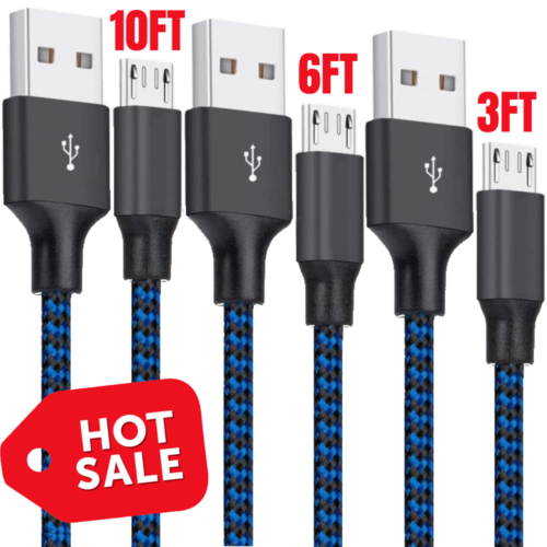 3 Pack 3/6/10Ft Braided Micro USB Cable Fast Charger Cord For Android Samsung LG