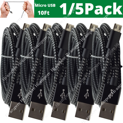 1/5Pack 10Ft Braided Micro USB Cable Lot Fast Charger Cord For Samsung Android