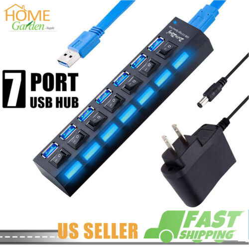 USB 3.0 Hub 7 Port On/Off Switch High Speed Splitter AC Adapter Cable PC Laptop