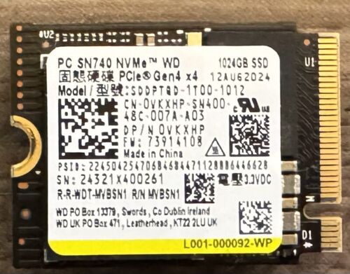 1TB Western Digital WD SN740 2230 M.2 NVMe PCIe 4 Gen 4×4 SSD Dell OEM