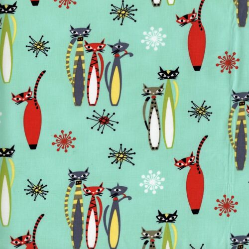 Feline Drive Fabric ATOMIC TABBY Seafoam Retro Cats Sold by the Yard