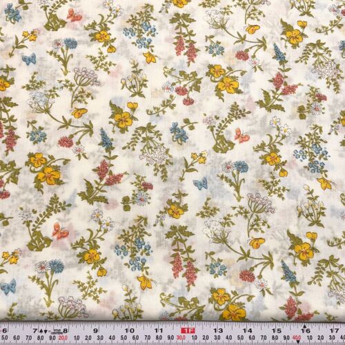 Vintage Florals & Butterflies on Cream Polyester Fabric by the HALF YARD