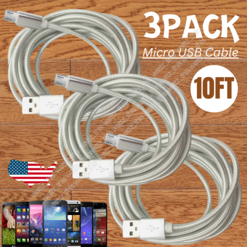 3 Pack 10FT Micro USB Fast Charging Cable For LG Motorola Samsung Android Phone