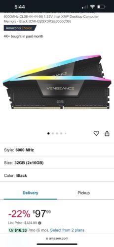 CORSAIR Vengeance RGB 32GB PC5-48000 (DDR5-6000) RAM Memory (CMH32GX5M2E6000C36)