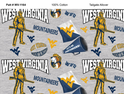 West Virginia Mountaineers Cotton Fabric w Mascots on Heather Ground-By the Yard