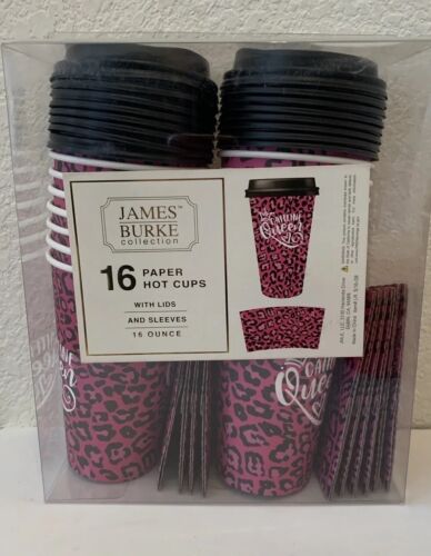 James Burke Caffeine Queen 16 Paper Hot Cups with lids and sleeves 16 ounce