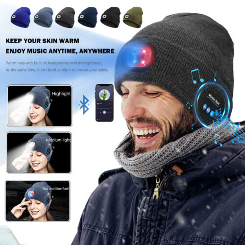 Unisex Bluetooth 5.0 Music Beanie Hat Handsfree Speaker LED Head Lamp Light Hat