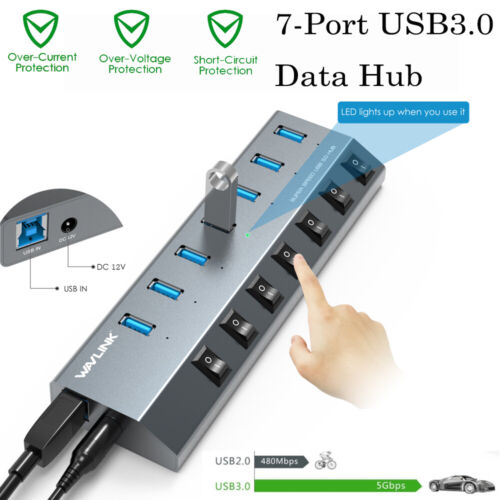 7-Port USB 3.0 Superspeed Hub with 48W Power Adapter with BC 1.2 Charging On/Off