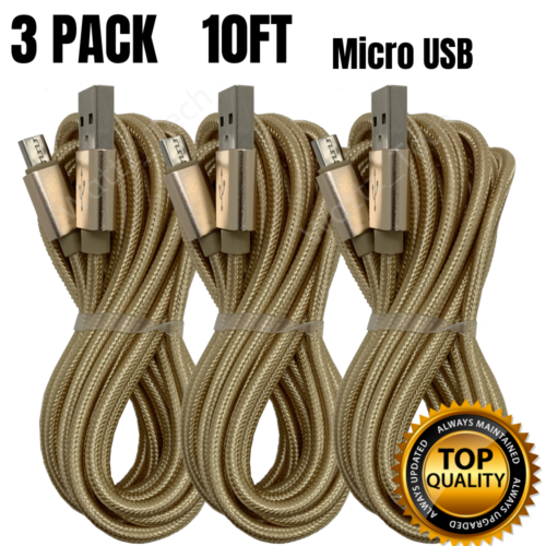 3 Pack 10Ft Micro USB Cable Braided Fast Charger Cord Lot For Android Samsung LG