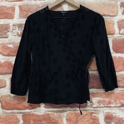 Madewell Wrap Top Womens Small Petite Black Floral Eyelet Casual Side Tie Shirt