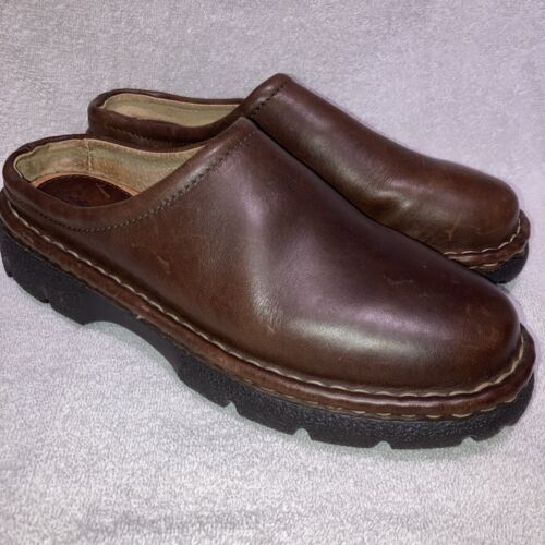 Eddie Bauer Distressed Brown Leather Cushioned Comfort Platform Clogs Shoes Sz 9