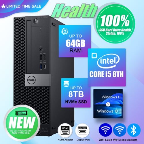 DELL Desktop Computer PC i5 8th, up to 64GB RAM, 8TB NVMe m.2 SSD, Windows 10/11