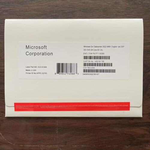 New Factory Sealed Microsoft Windows Server 2022 Datacenter Core 50 CALs 24 Core