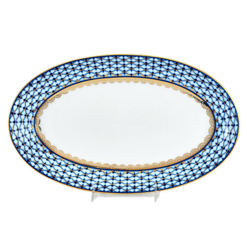 Russian Cobalt Blue Net 12″ Oval Platter Saint Petersburg, 24 kt Gold Bone China