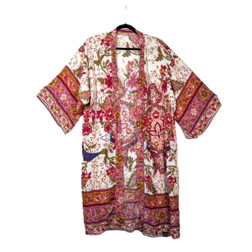 PS Kimono Robe Womens Sz M / L Coverup Duster Pink Boho Peacock Belt Missing