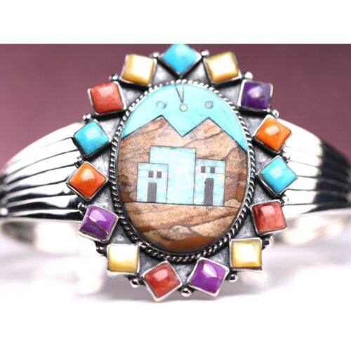 Southwestern Adobes & Pueblo Cuff Bracelet – Mountain Desert Scene Jewelry