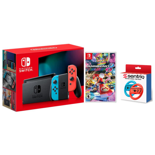 Nintendo Switch Video Game Console + Mario Kart 8 Deluxe + Sentriq Racing Wheels