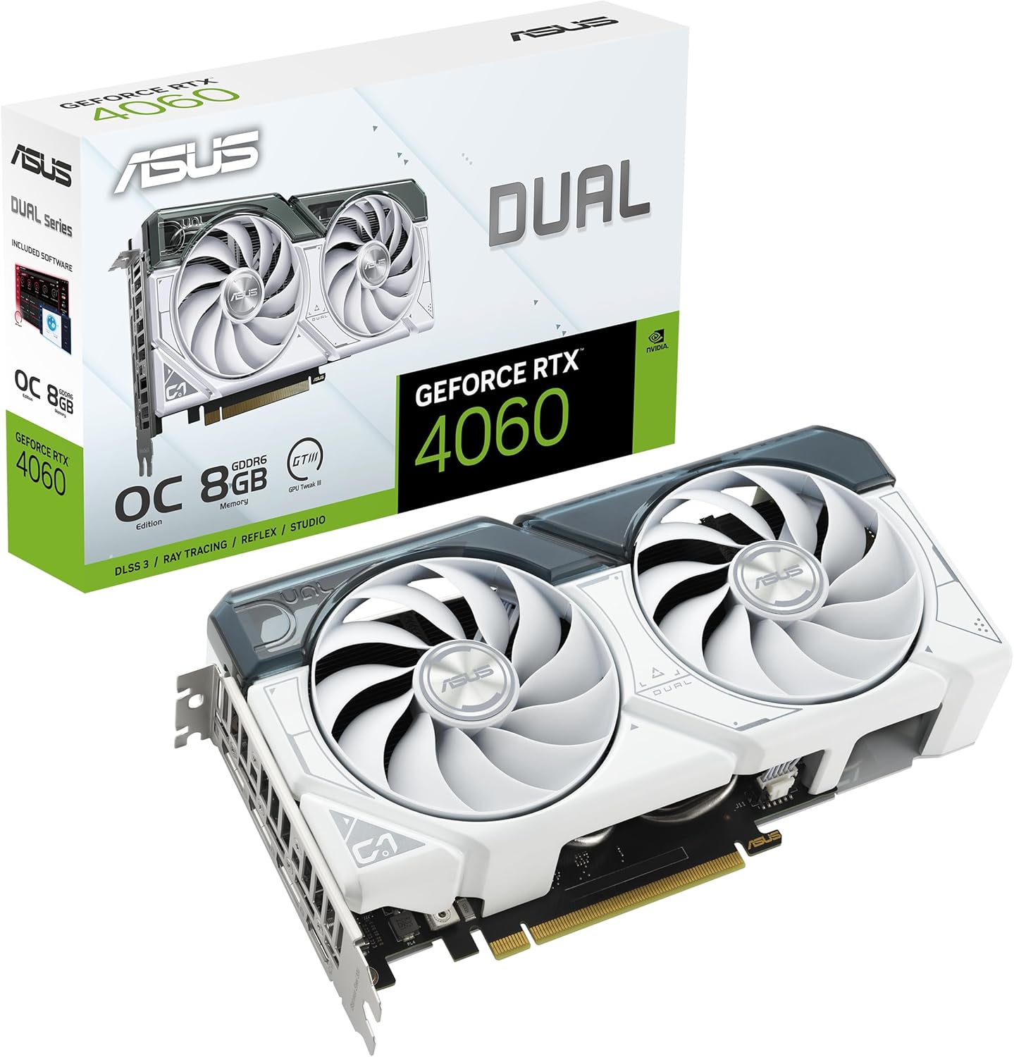 ASUS Dual GeForce RTX 4060 OC White Edition 8GB GDDR6 Gaming Graphics Card White (NVIDIA RTX4060 DLSS3, PCIe 4.0, 1x HMDI 2.1a, 3X DisplayPort 1.4a, DUAL-RTX4060-O8G-WHITE)