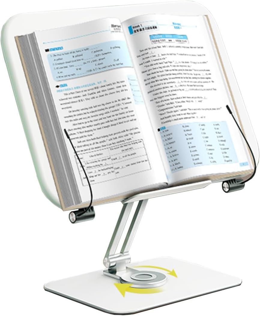 Adjustable Book Stand for Reading with 360°Rotating Base – Aluminum Cookbook Holder Stand for Kitchen, Portable Book Display Stand for Tablets