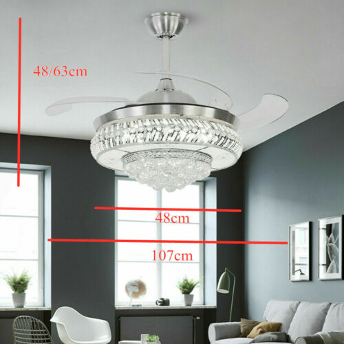 Modern Crystal Chandelier Lamp Invisible Ceiling Fan Light w/ Remote Control