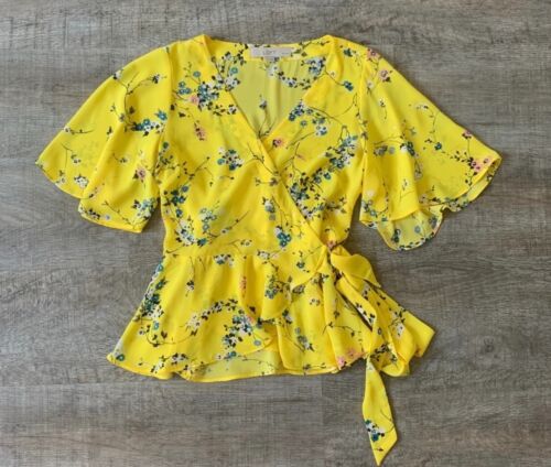 LOFT Womens Sz SP S P Yellow Floral Peplum Wrap Top Flutter Kimono Sleeve Blouse