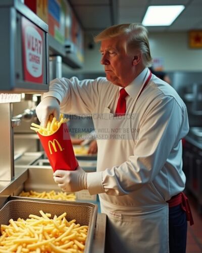 PRESIDENT DONALD TRUMP WORKING AT McDONALDS FAST FOOD WORKER 8X10 AI PHOTO