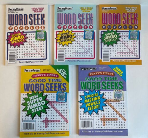 New Lot Of 5 Penny Press Good Time & Mixed Theme Word Search/Seek Puzzle Books