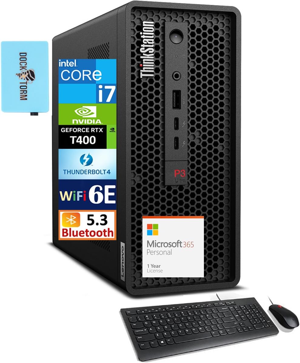 Lenovo ThinkStation P3 Ultra Small Form Factor Workstation Mini Desktop (Intel i7-13700, T400 4GB, 16GB DDR5, 2x512GB SSD R0 (1TB), Win 11 Pro) w/MS 365 Personal, DKZ USB Port Expander