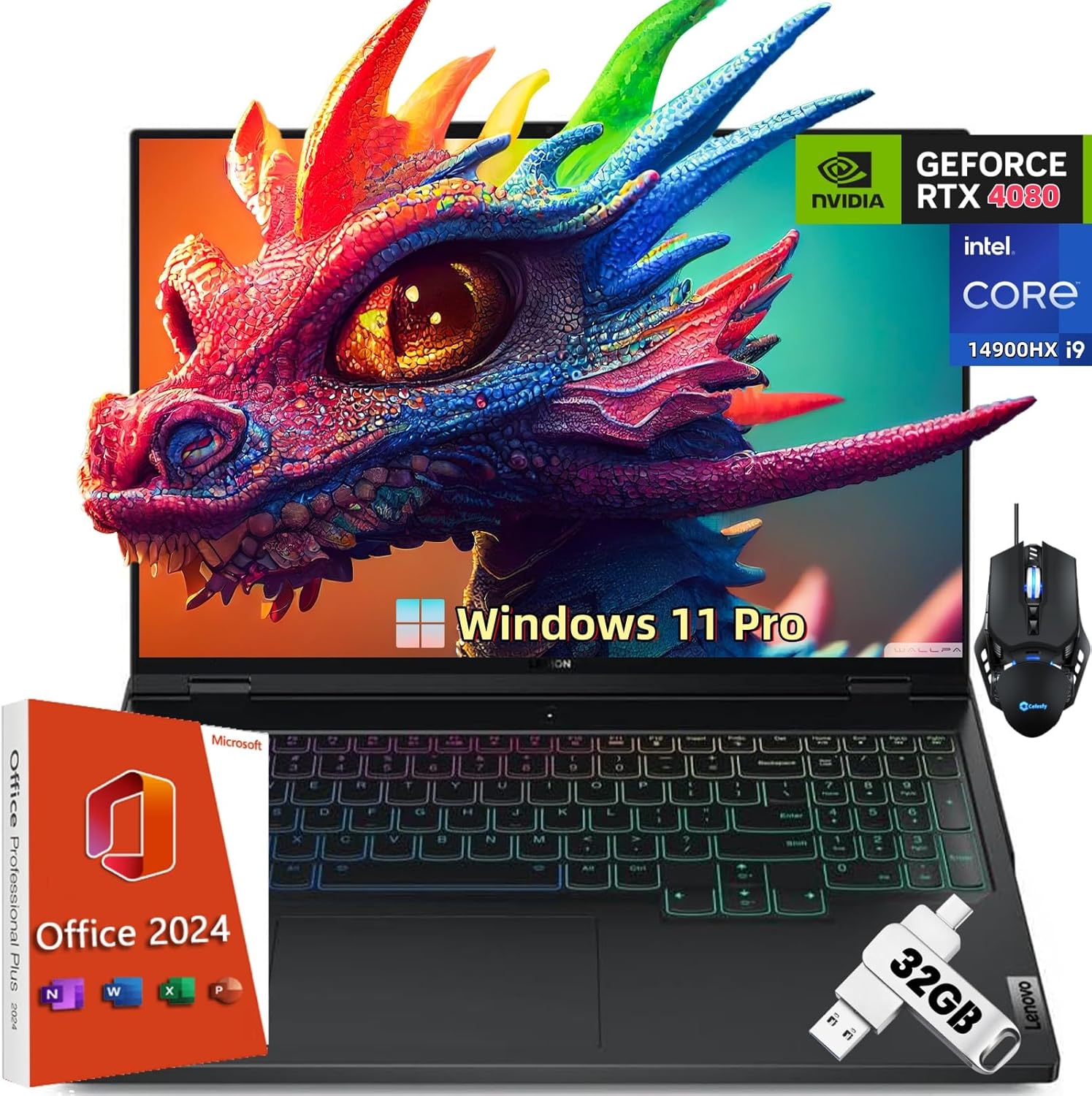 Lenovo Legion Pro 7i Gen 9 Gaming Laptop, Intel i9-14900HX, GeForce RTX 4080 12GB, 16″ IPS QHD+ 240Hz Display, 64 GB DDR5 RAM, 2 TB SSD, with Win 11 Pro, Office 2024 Lifetime License, Mouse & 32GB UFD