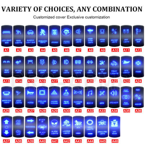 Rocker Switch 46 Styles Blue Laser Etched Car Boat 12V LED Light SPST/DPDT