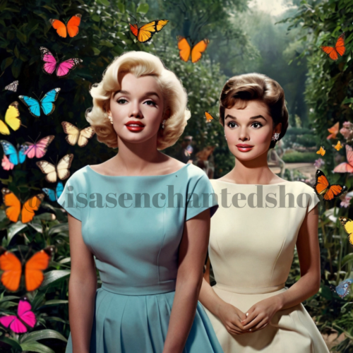 Digital Image Desktop Wallpaper AI Art – Marilyn Monroe &Audrey Hepburn Garden