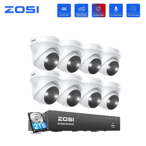 ZOSK 4K 5MP PoE CCTV Security Camera System AI Vehicle Detection Two-Way Audio