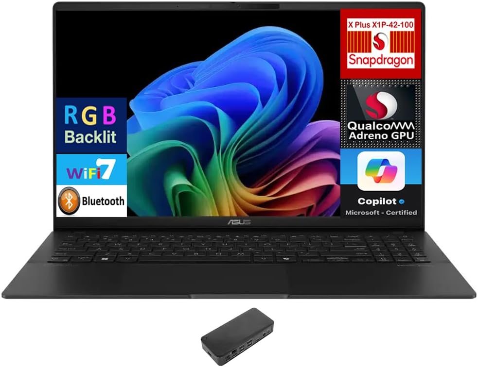 ASUS Vivobook S 15 AI Powered Laptop 15.6″ AMOLED 3K UHD Display (Qualcomm Snapdragon X Plus X1P-42-100, 16GB LPDDR5X, 4TB PCIe SSD, Qualcomm Adreno GPU, RGB KB, WiFi 7, Win 11 Home) w/USB-C Dock