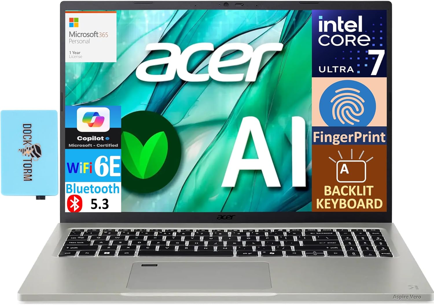 acer Aspire Vero 16 AI Powered Laptop 16.0″ IPS WQXGA Display (Intel Core Ultra 7 155U, 16GB LPDDR5X, 8TB PCIe SSD, Intel Graphics, Win 11 Home) w/MS 365 Personal, DKZ USB Port Expander