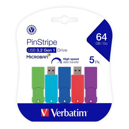 Verbatim PinStripe 64GB USB 3.2 Type-A Flash Drive Assorted Colors 5/Pack