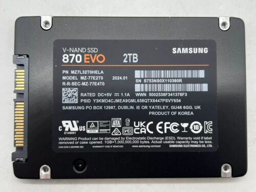 Samsung MZ-77E2T0B/AM 870 EVO 2TB 2.5″ Solid State Drive Used