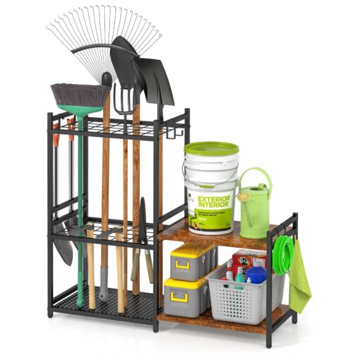 DAOUTIME Garage Tool Organizer with 2-tier Wooden Shelves, Yard Tool Organize…