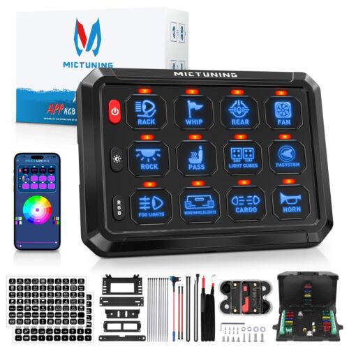 MICTUNING Bluetooth 12 Gang Switch Panel RGB Led Auxiliary ON-OFF Relay Circuit