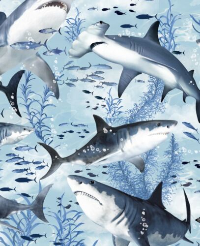 Fabric Sharks Blue Gray Ocean Cotton TIMELESS TREASURES by the 1/4 yard 7980