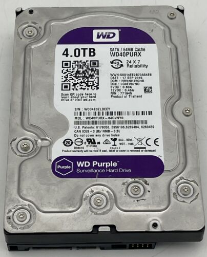 WD Purple Western Digital WD40PURX 4TB 5.4K RPM 3.5” SATA Internal HDD