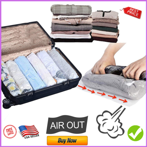 8 Travel Space Saver Bags – No Vacuum or Pump Needed – Luggage Accessories 4L 4M